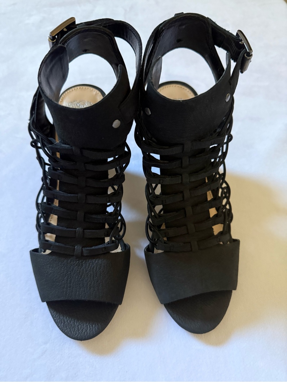 Vince Camuto VV-Evel Black Lace-Up Cage Block Heel Sandals - Picture 2 of 5